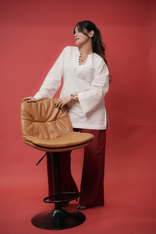 Tara - White Linen Kurta With Cherry Red Pant