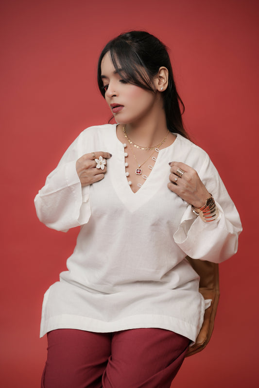 Tara - White Linen Kurta With Cherry Red Pant